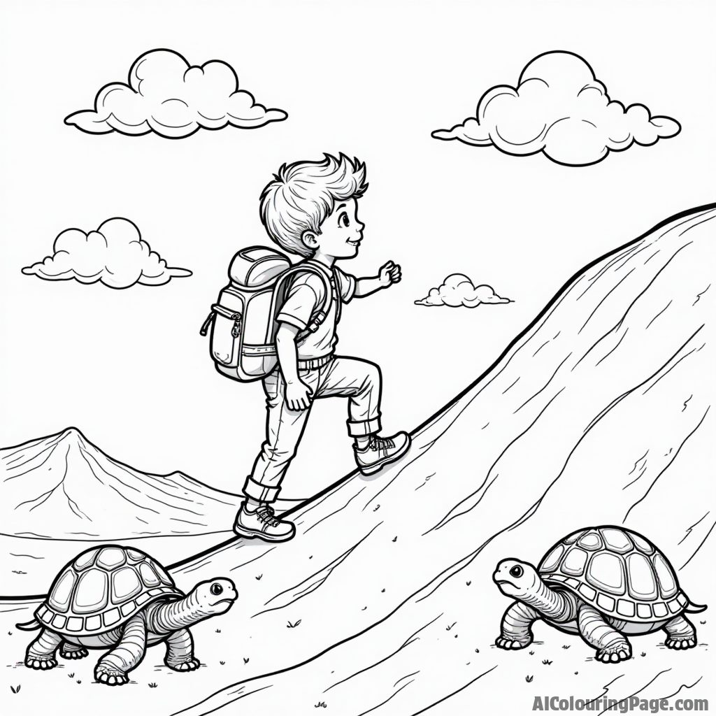 An adventurous child climbing a sand dune with a backpack, alongside two friendly desert tortoises, with fluffy clouds above, illustrating the joy of exploration in a desert setting for coloring.