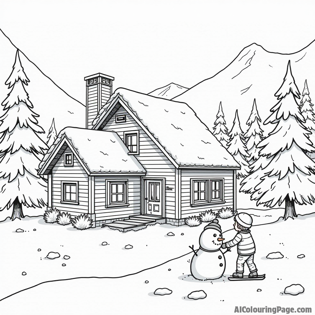 A cozy ski lodge surrounded by snow-covered hills, with children building a snowman in front and a warm fireplace visible through the windows for a charming winter sports scene.