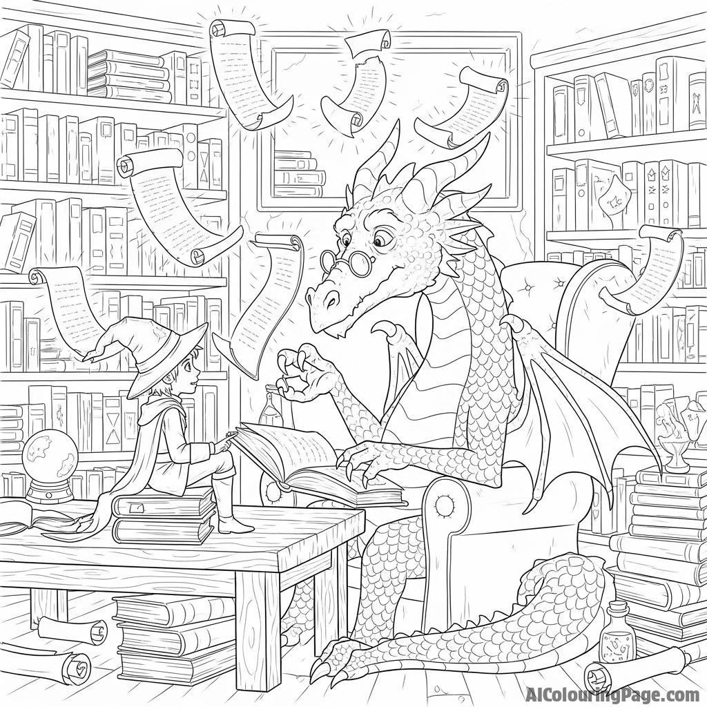 An elderly, wise dragon teaching a young mage in a library filled with glowing scrolls.