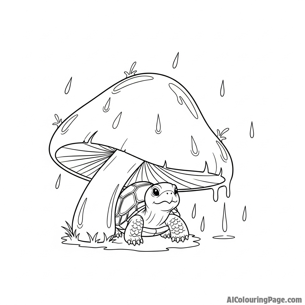 A tiny turtle sheltering from the rain under a large mushroom.