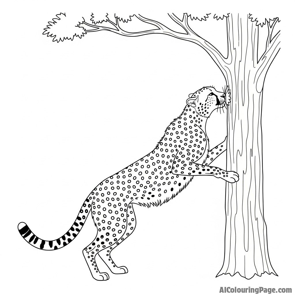 A cheetah scent-marking a tree, an intimate and focused behavioral moment.