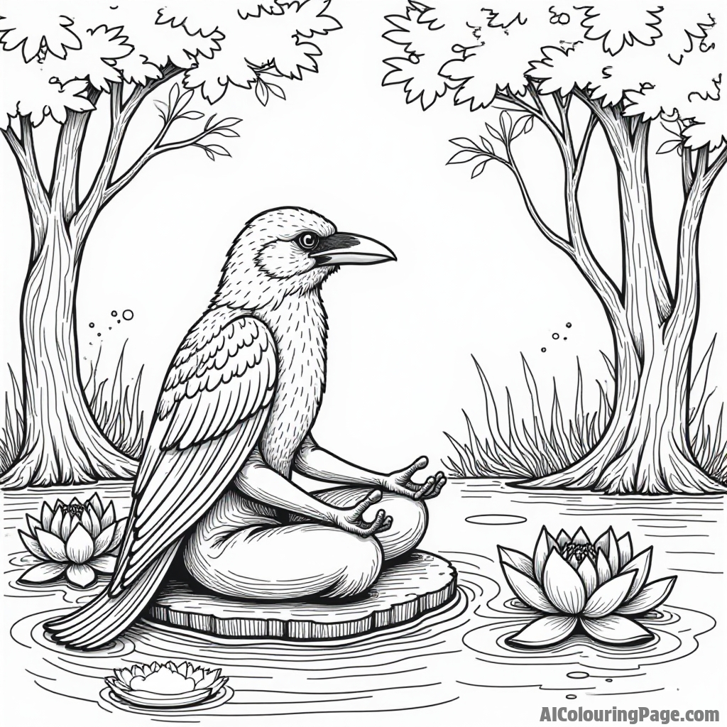 Raven meditating in a peaceful forest, surrounded by floating lotus flowers, with a gentle breeze rustling the leaves around.