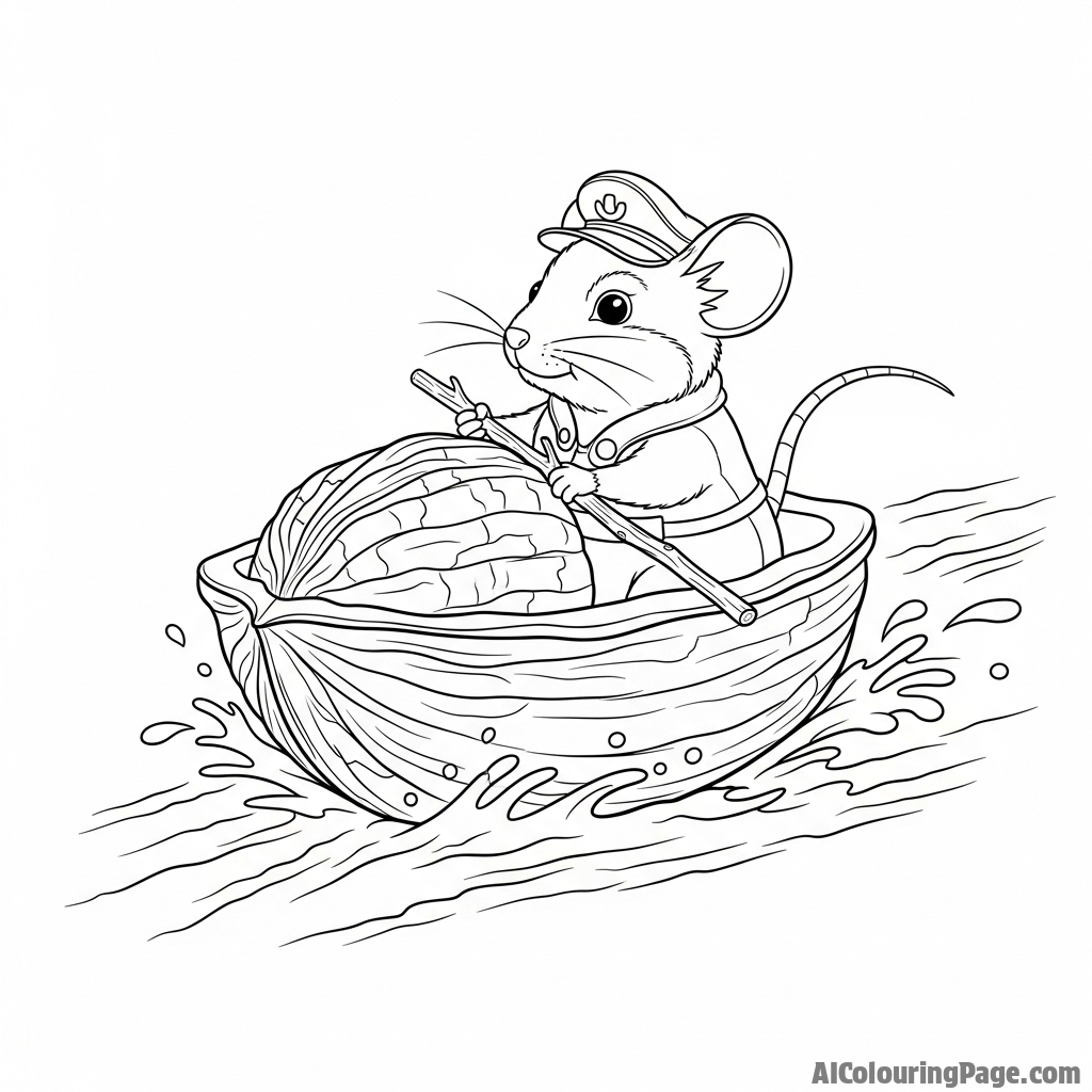 An adventurous mouse steering a walnut shell boat down a rushing stream.