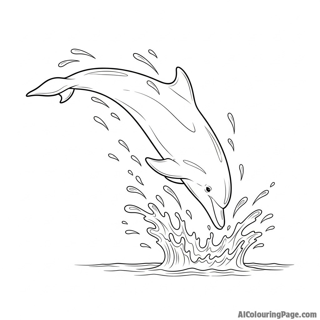 A high-speed photograph freezing the exact moment a dolphin re-enters the water, with individual droplets suspended in air.