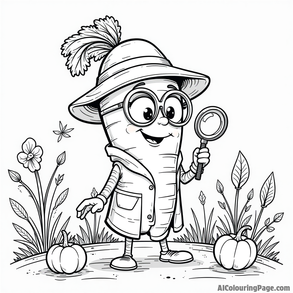 A friendly carrot detective solving a mystery in a garden, with a magnifying glass, clues, and other vegetable friends.