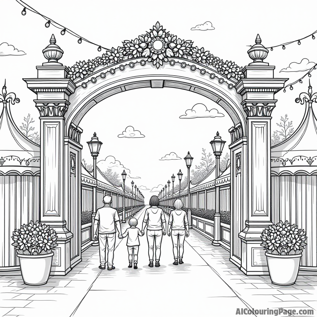 A grand entrance arch decorated with lights and flowers, families arriving at the carnival, and a festive vibe all around, ideal for a Festivals and Traditions Coloring Sheet.