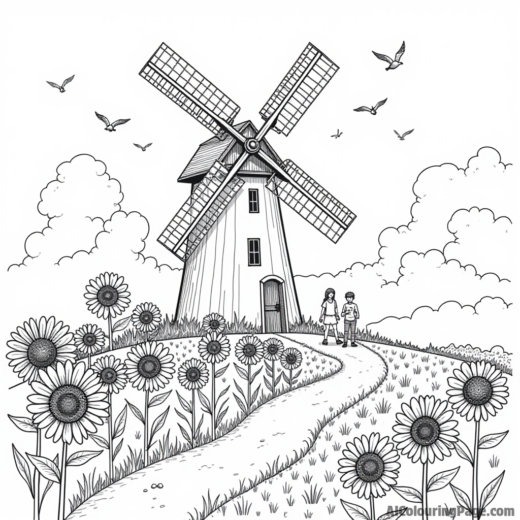 A magical windmill in a field of sunflowers, with birds flying overhead and children playing nearby in the autumn sun.