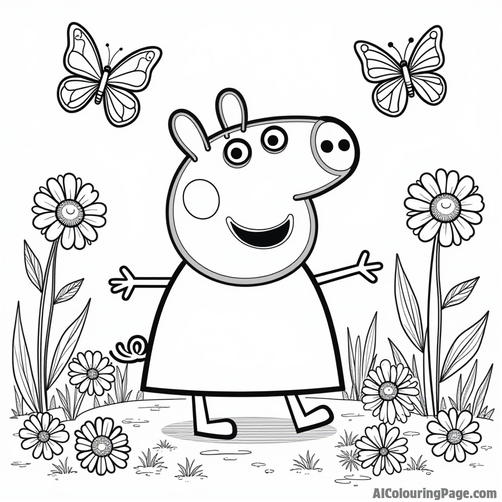 Peppa Pig playing in a field of daisies with butterflies fluttering around while having a joyful, sunny day.