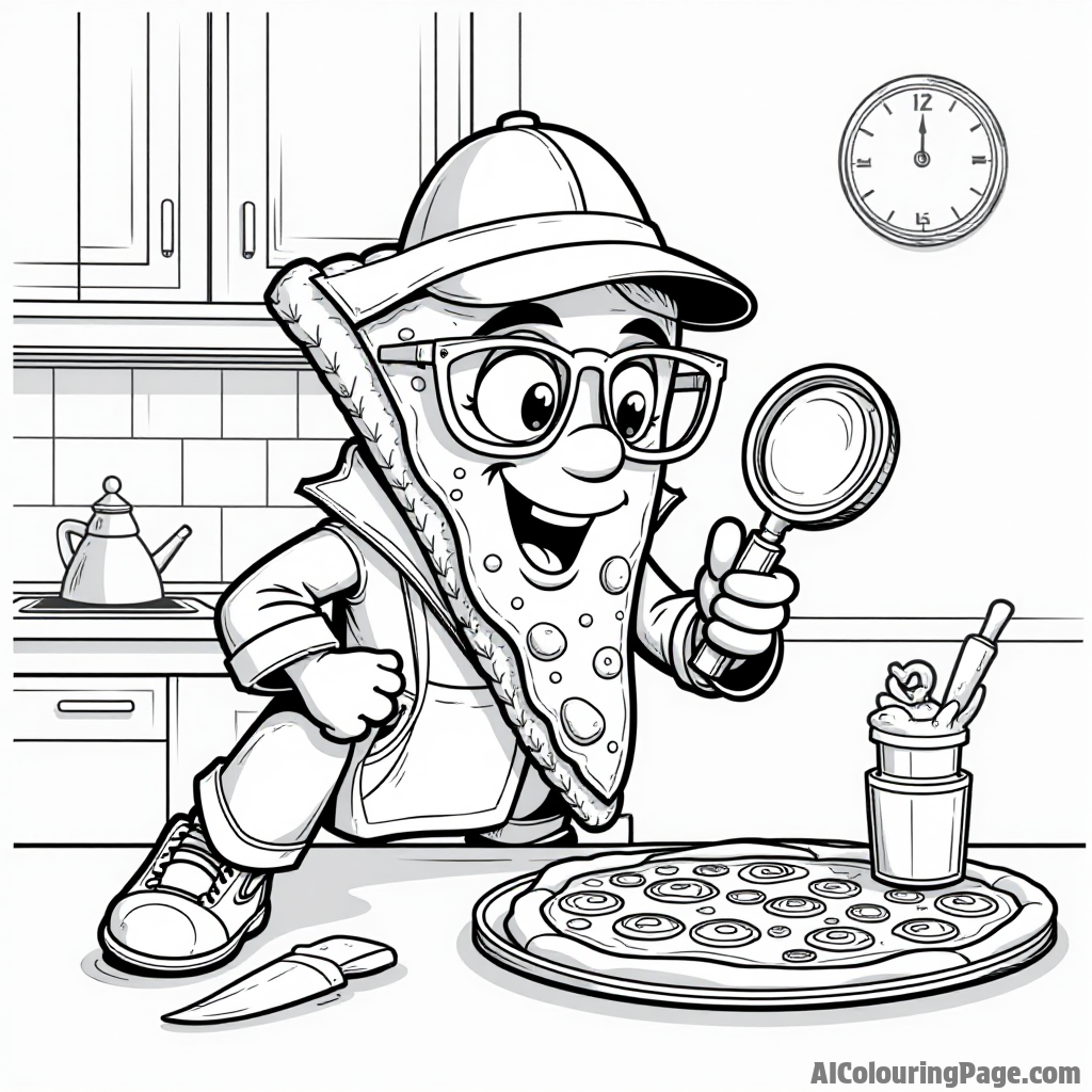 A pizza slice detective solving a mystery in a kitchen, magnifying glass in hand, with toppings as clues around it.