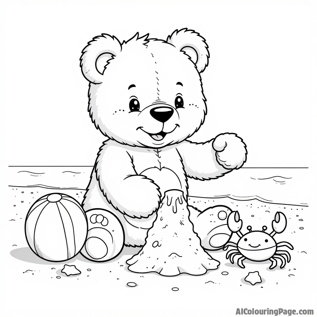 A teddy bear enjoying a day at the beach, building a sandcastle with a beach ball and a friendly crab, perfect for a summer-themed coloring page for kids.