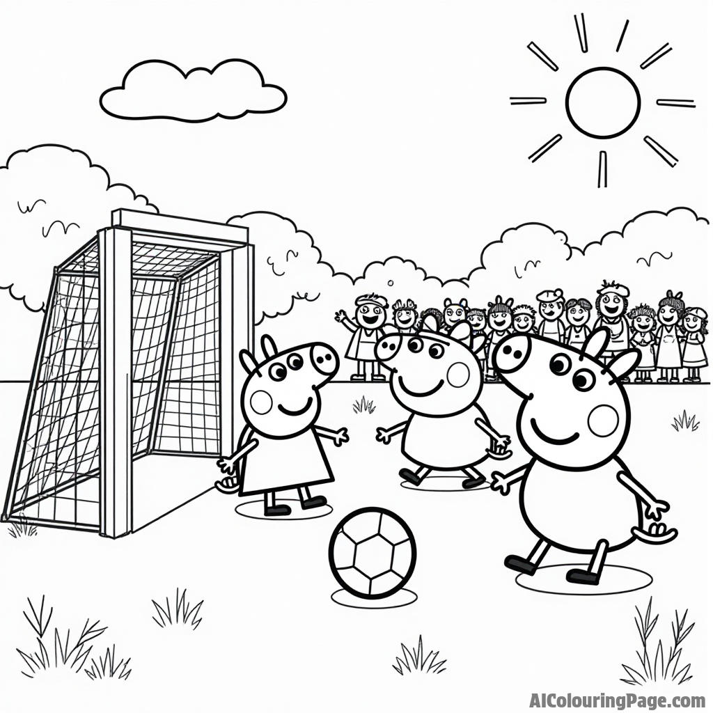 Peppa Pig and her friends playing soccer in a sunny park, with a big goal net and cheering fans all around.