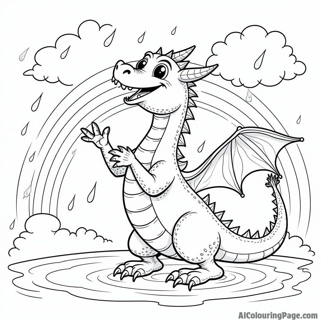 A dragon catching raindrops with a rainbow in the background on a cloudy day filled with adventure.