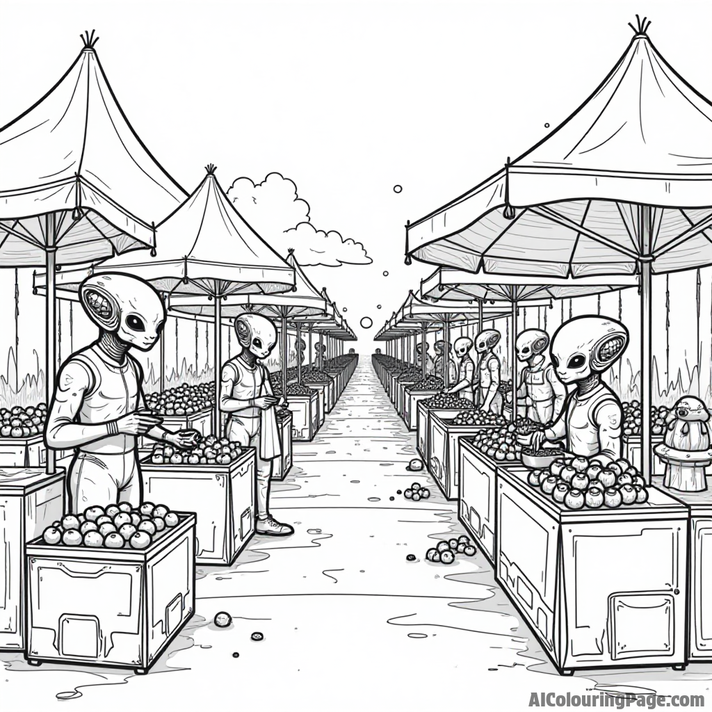 A futuristic market scene with aliens trading goods, showcasing unique items like strange fruits and gadgets under colorful tents.