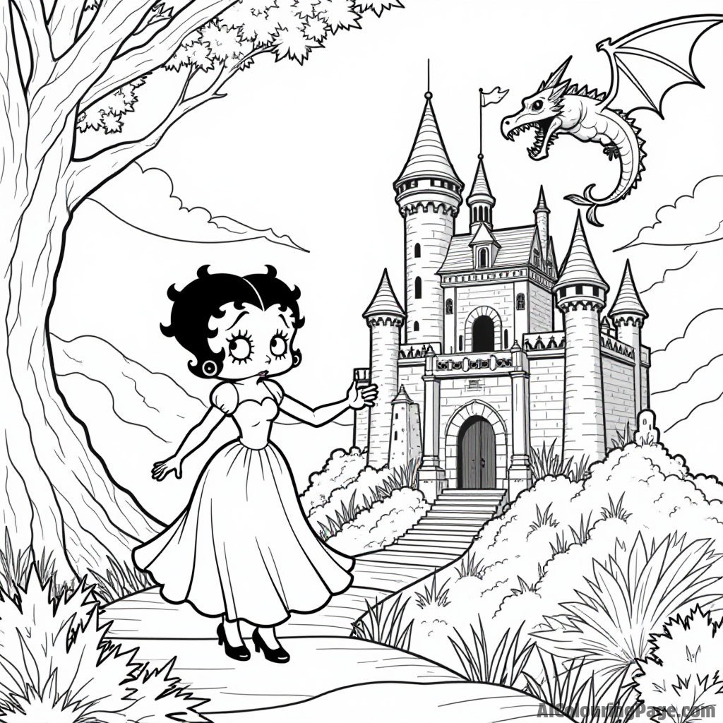 Betty Boop exploring an ancient castle with knights and dragons in a magical fantasy setting filled with adventure