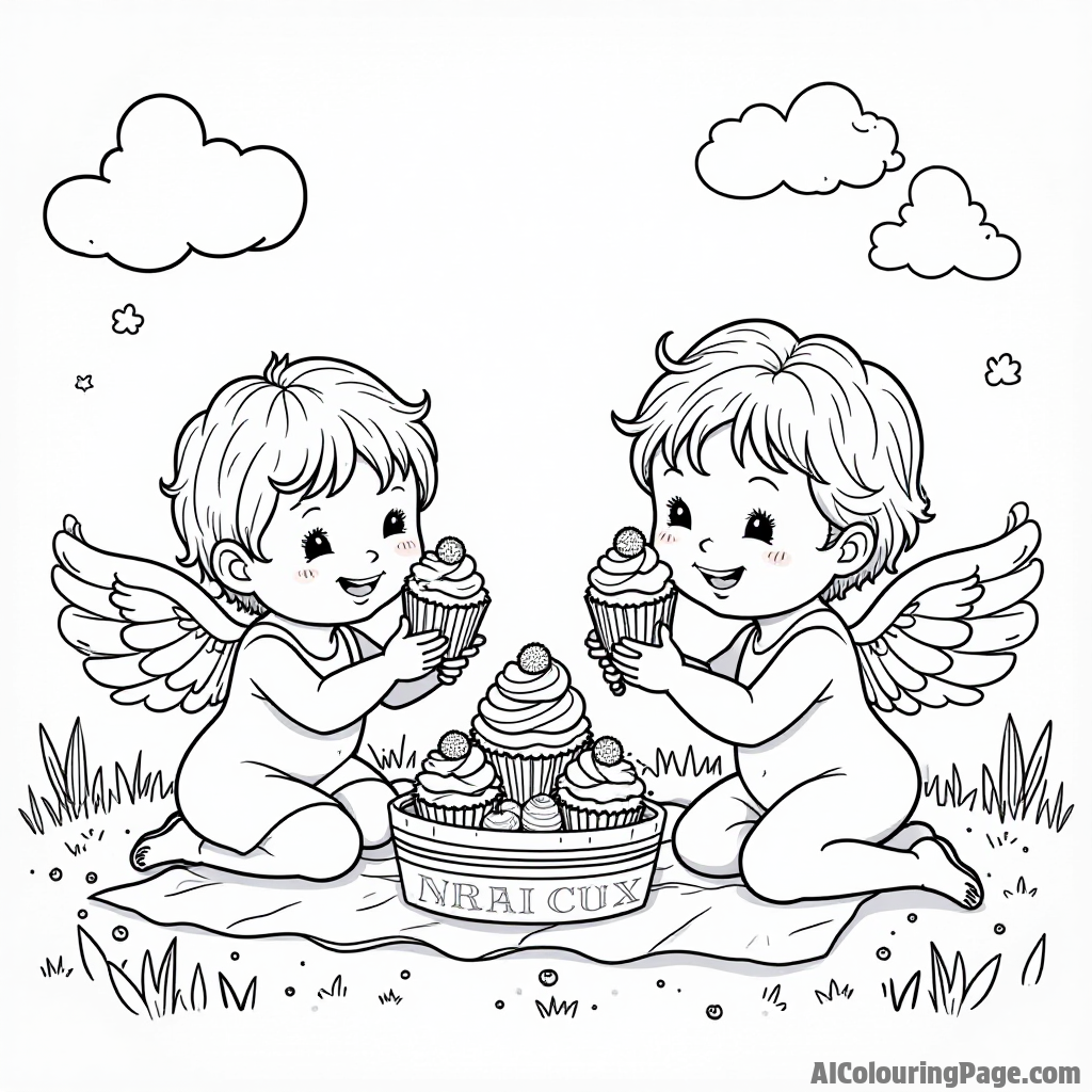 A playful scene of angels having a picnic on a sunny day with cupcakes, fruits, and colorful drinks.