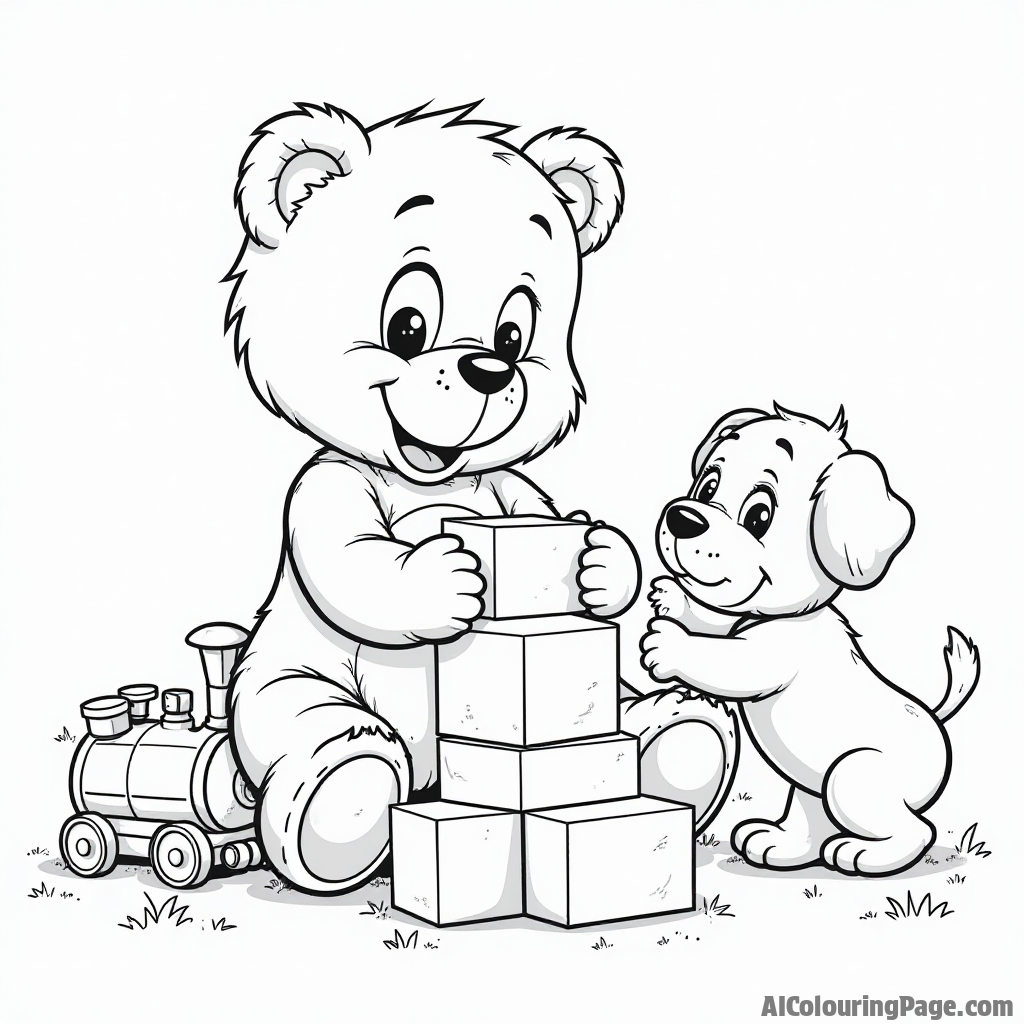 A teddy bear playing with building blocks, surrounded by a toy train and a playful puppy, creating a fun scene for children to color and enjoy.