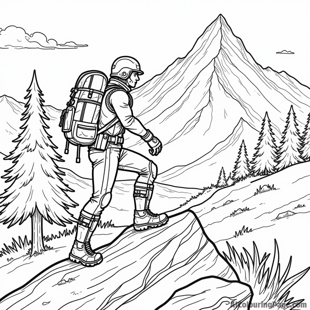 A Fortnite character climbing a mountain with a backpack and hiking gear, surrounded by trees and wildlife for kids to color