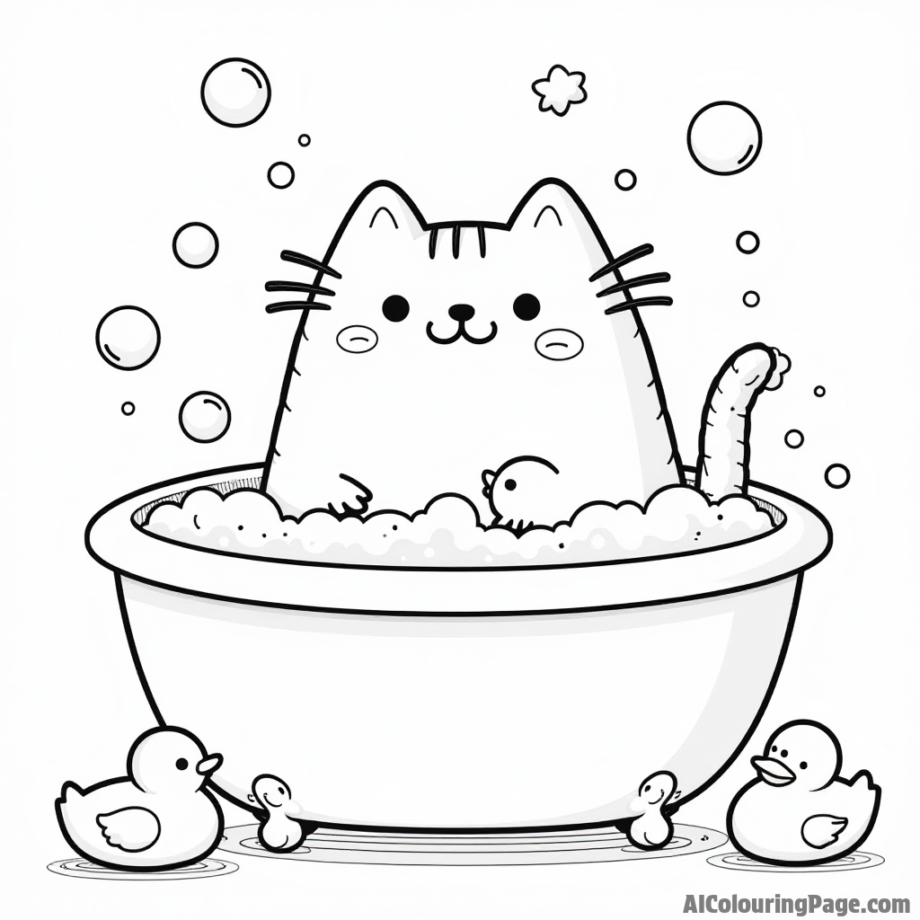 Pusheen taking a bubble bath in a tub with rubber ducks floating and bubbles everywhere creating a relaxing scene