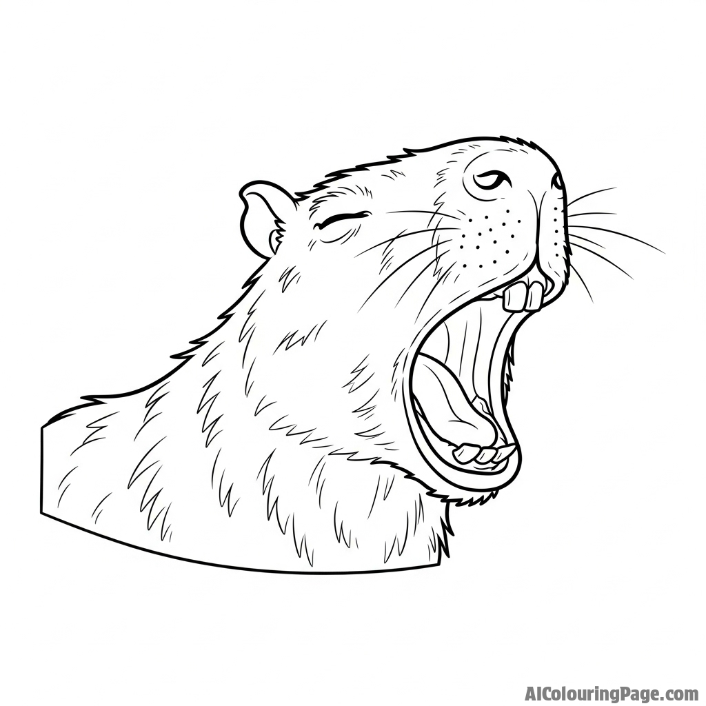 A capybara yawning widely, showing its large teeth.