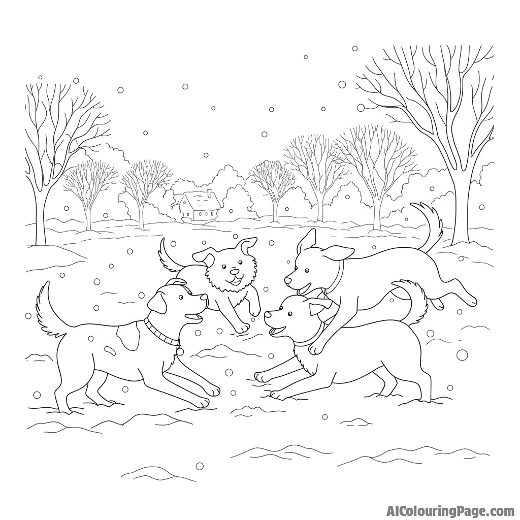 Dogs playing happily in a snow-covered park, boundless enthusiasm.