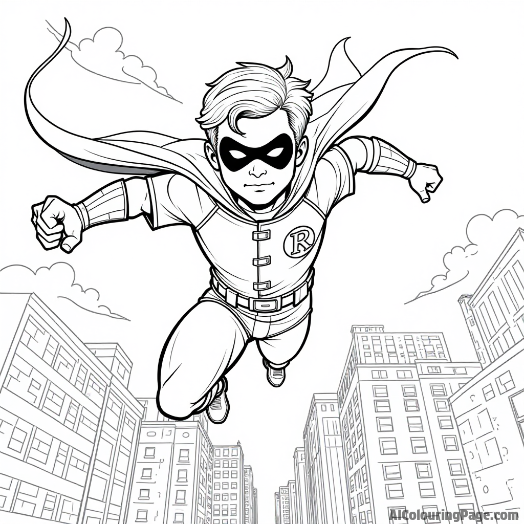 Robin flying through the air with his cape fluttering, a determined expression, and a cityscape below him for kids to color.