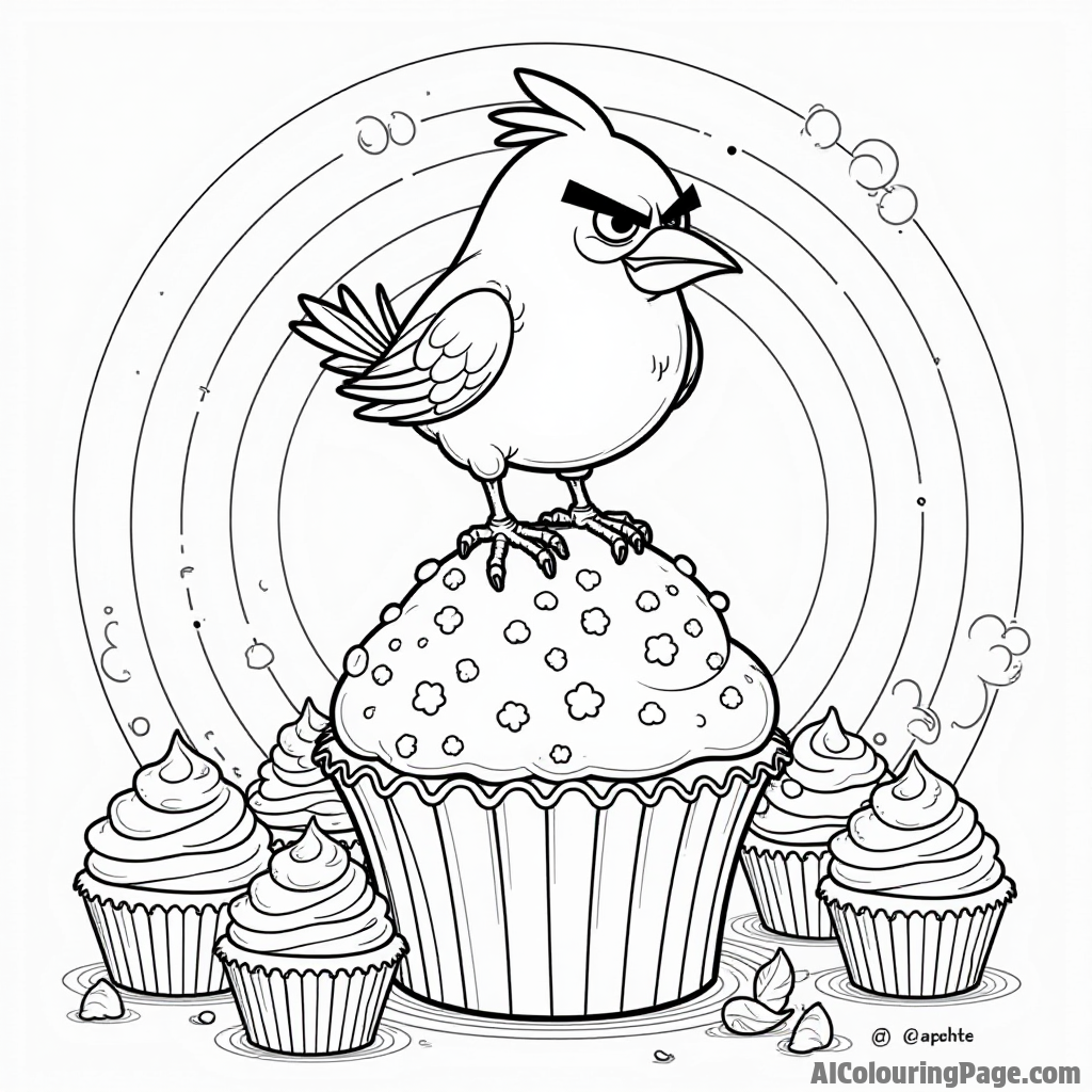 An angry bird perched on a giant cupcake surrounded by smaller cupcakes and a rainbow in the background