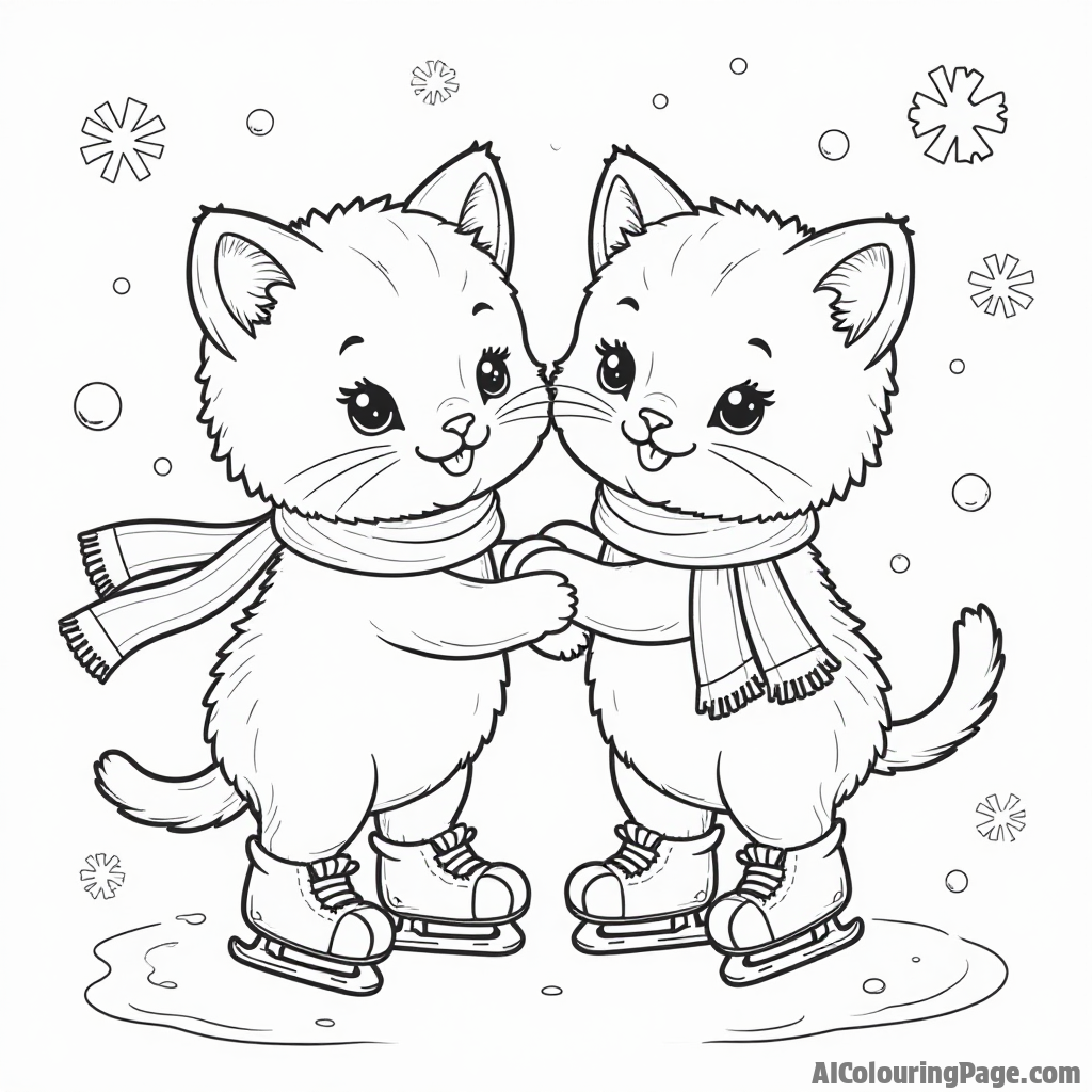 A pair of adorable kittens ice skating together, wearing tiny scarves, surrounded by snowflakes and playful winter animals, creating a cute and fun coloring page for children to enjoy.