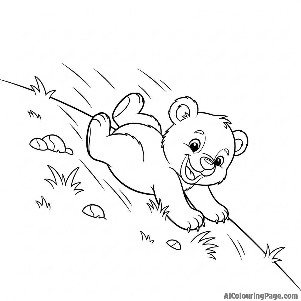 A bear cub playfully tumbling down a grassy hill.