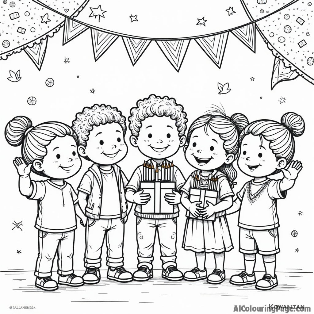 A group of children celebrating Kwanzaa with traditional decorations, candles, and gifts, emphasizing culture and community, illustrated for a fun coloring experience in black and white.