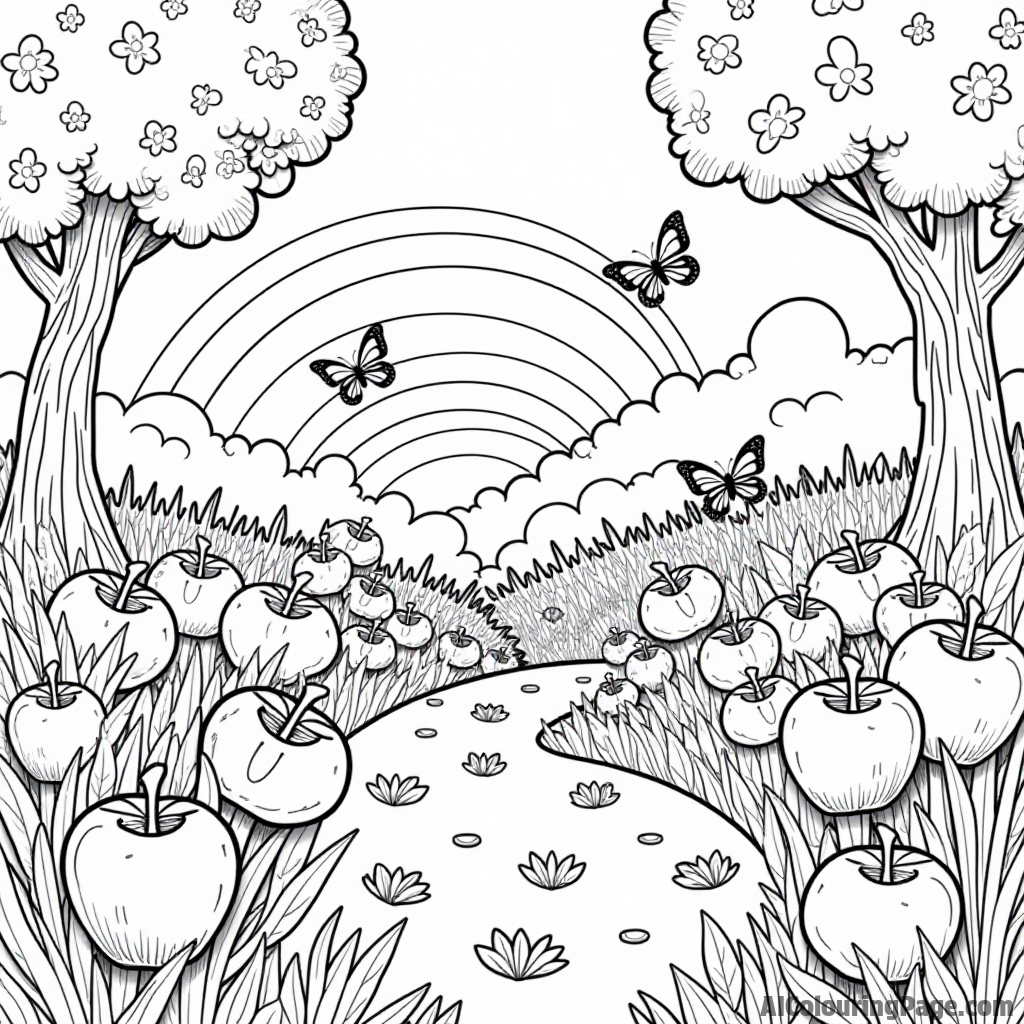 A magical garden filled with dancing apples, butterflies, and a rainbow, creating a vibrant coloring scene for kids.