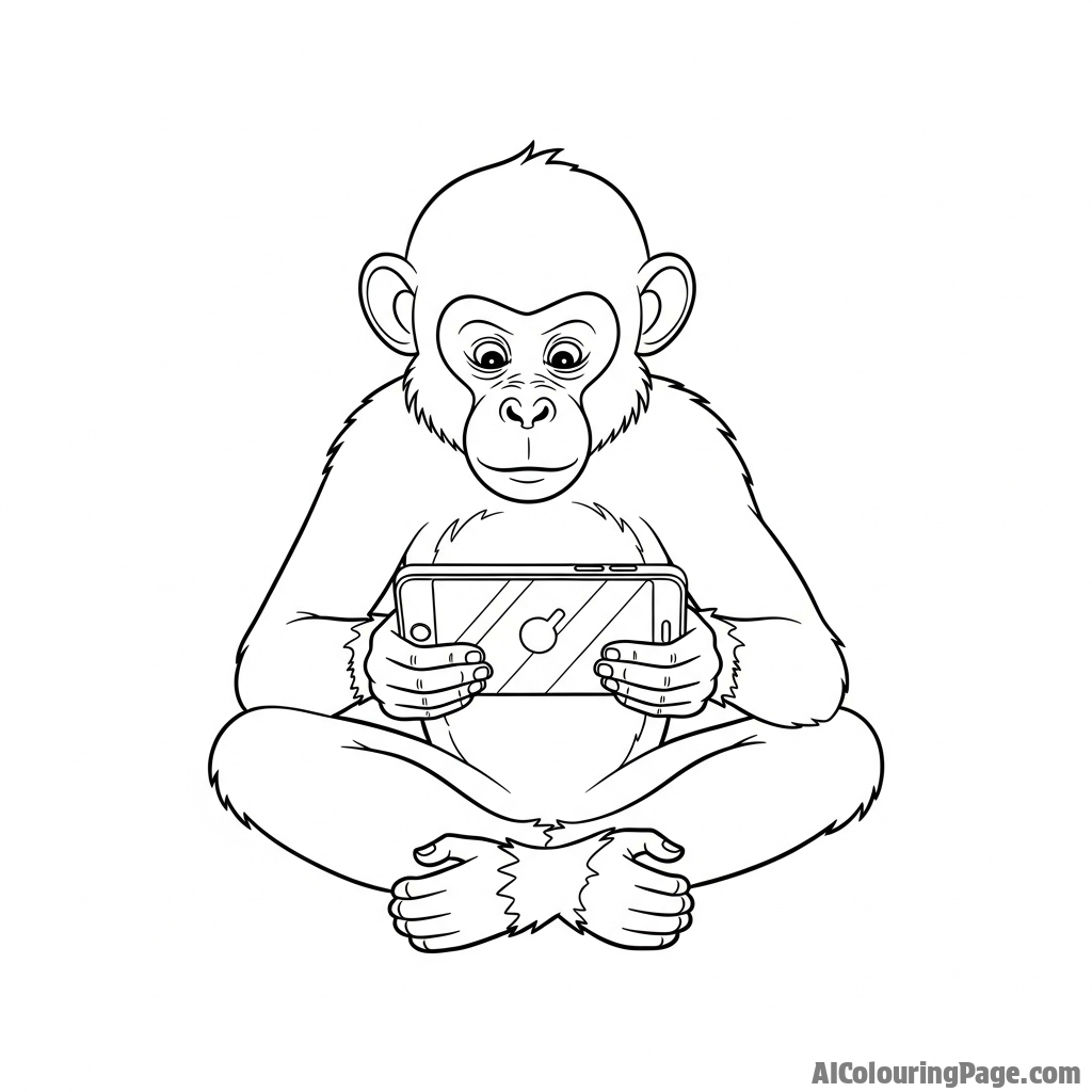 A humorous scene of a monkey trying to use a modern smartphone upside down.
