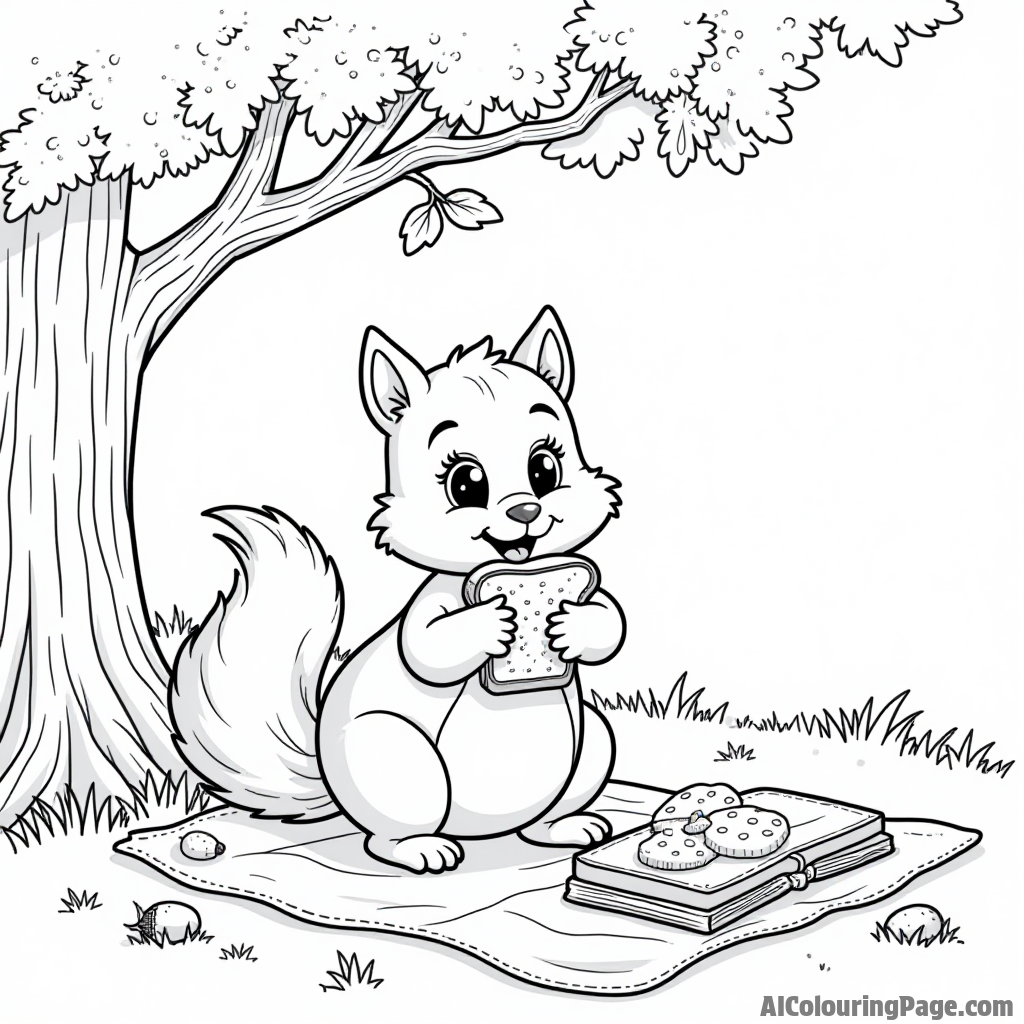 A playful squirrel holding a slice of bread under a tree, surrounded by acorns and a picnic blanket in the grass.