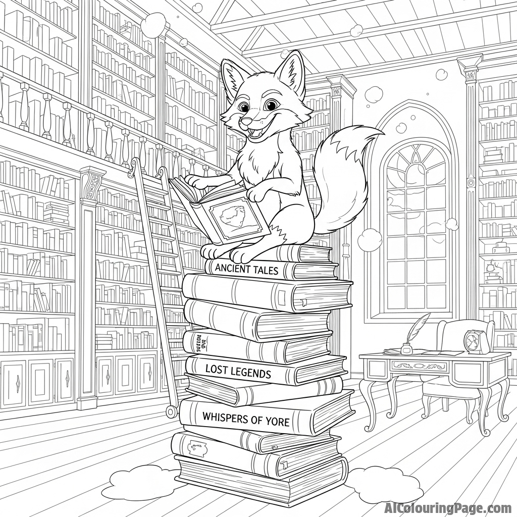 A fox in an old library, perched atop a tall stack of dusty tomes.