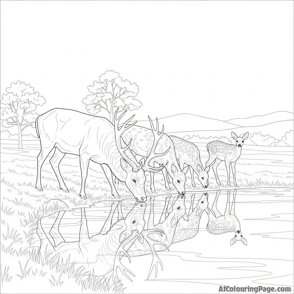 A family of deer drinking from a still, reflective pond at dusk.