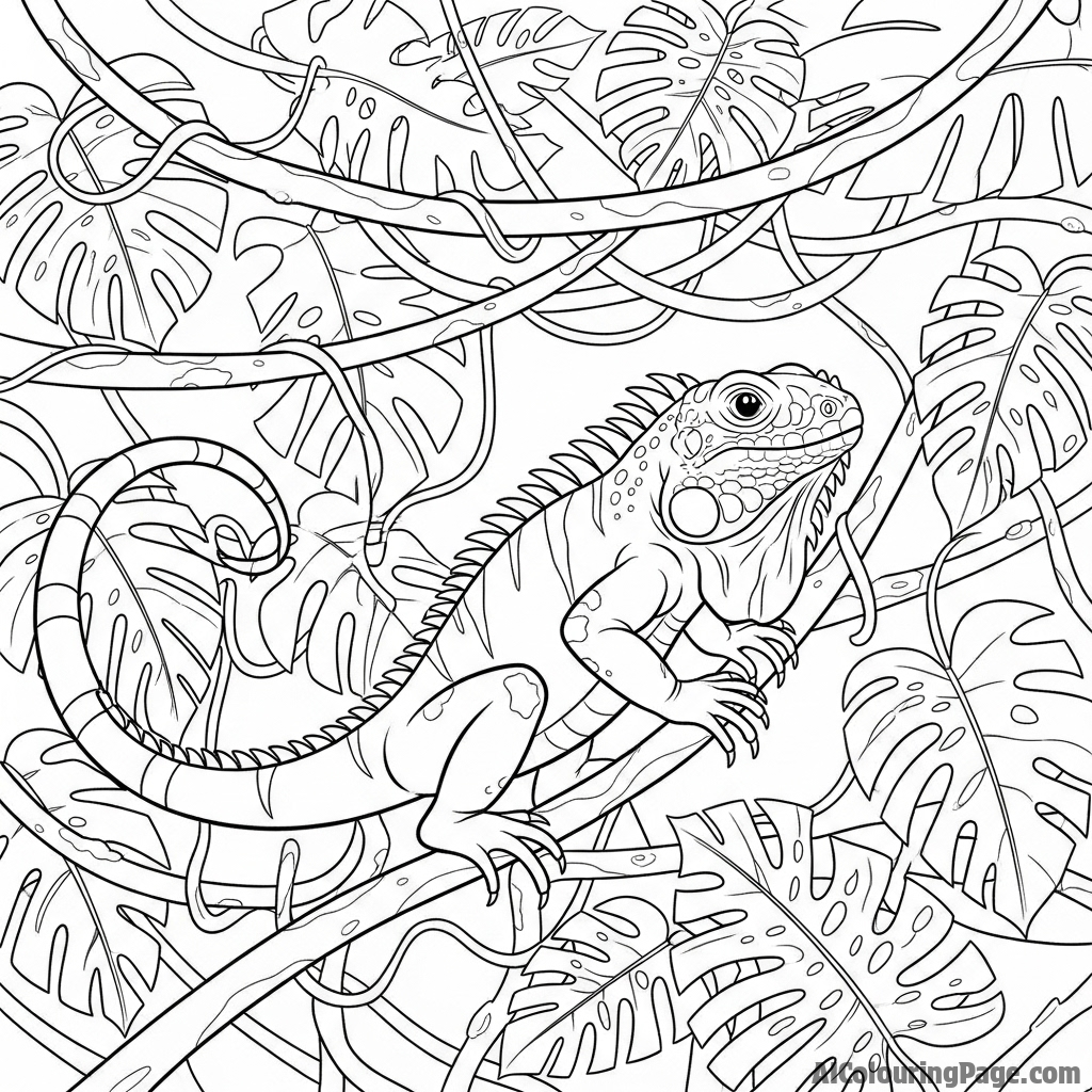 An iguana navigating a complex web of vines in a dense jungle.