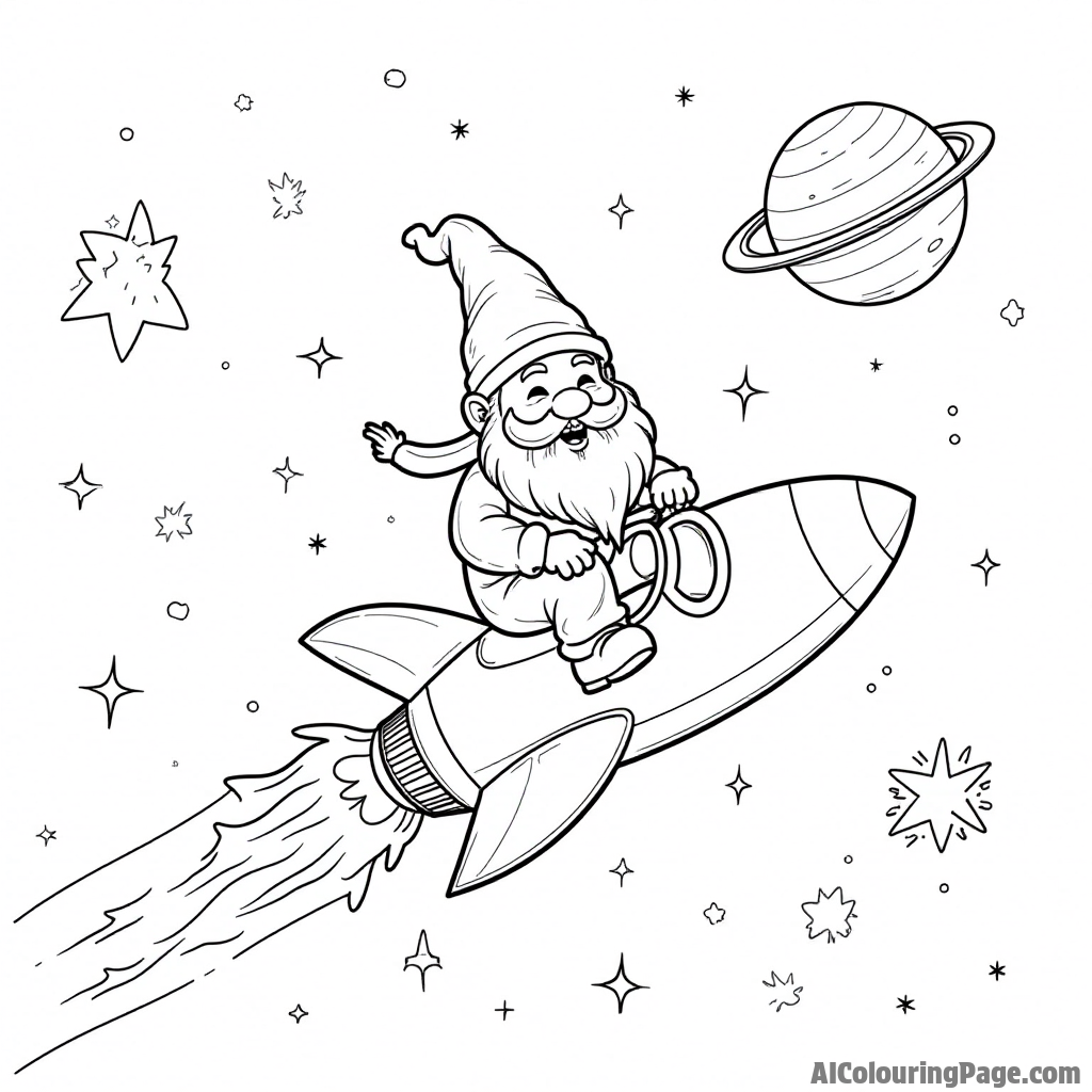 A gnome riding a rocket ship through space with planets, stars, and comets decorating the cosmic background.