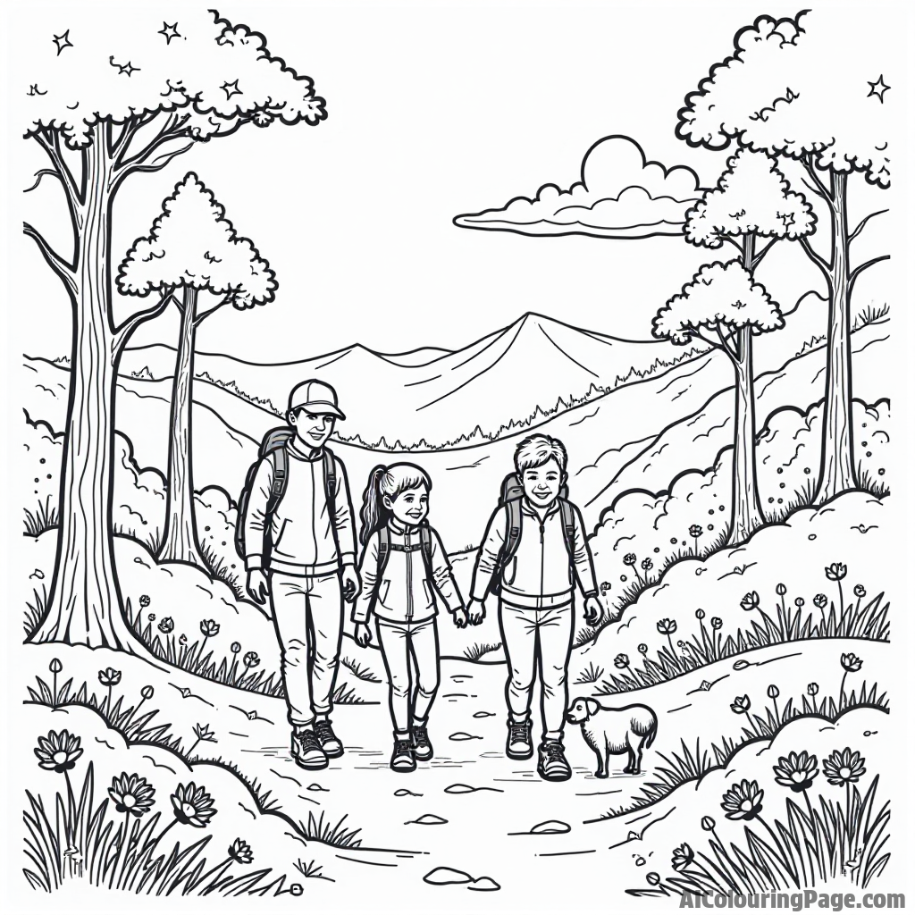 A scenic hiking trail with a family enjoying nature, surrounded by tall trees, flowers, and a clear blue sky above.