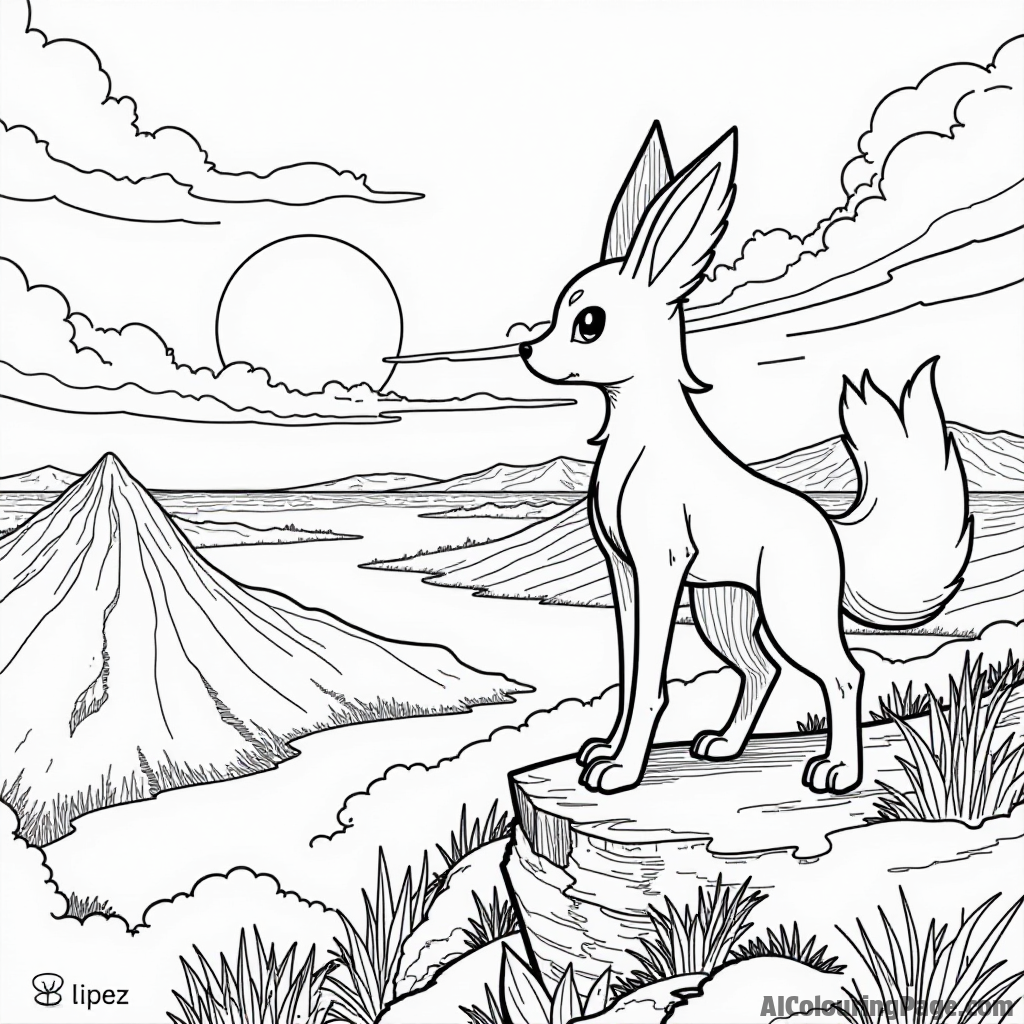 A brave Lucario standing on a cliff looking over a vast landscape with a sunset painting the sky beautifully.