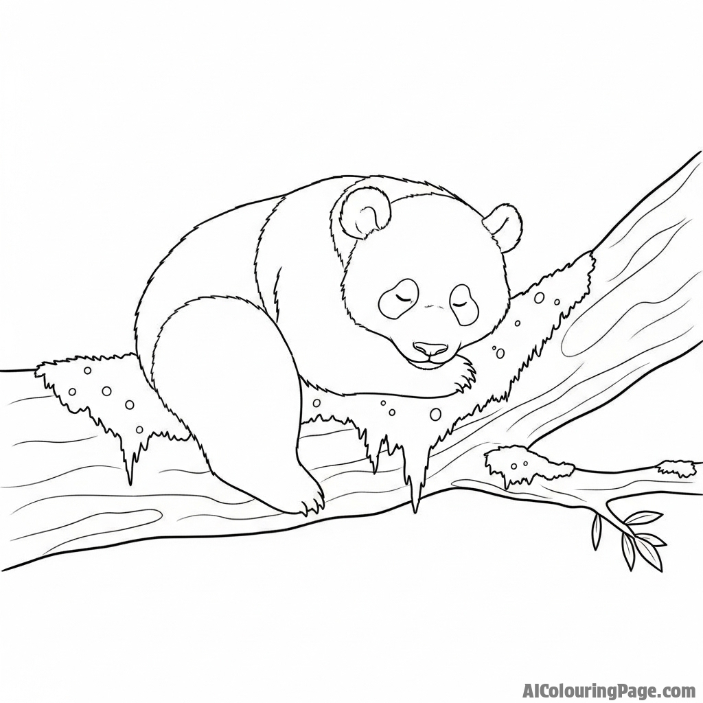 A small panda with a bushy tail curled up asleep on a mossy tree branch