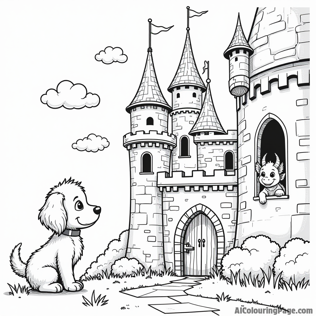 A puppy exploring a magical castle, with towers, flags, and a dragon peeking out from a window curiously watching.