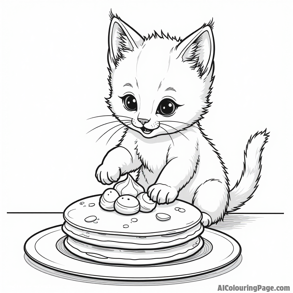 A playful kitten sitting on a table, reaching for a pancake with whipped cream and blueberries on top