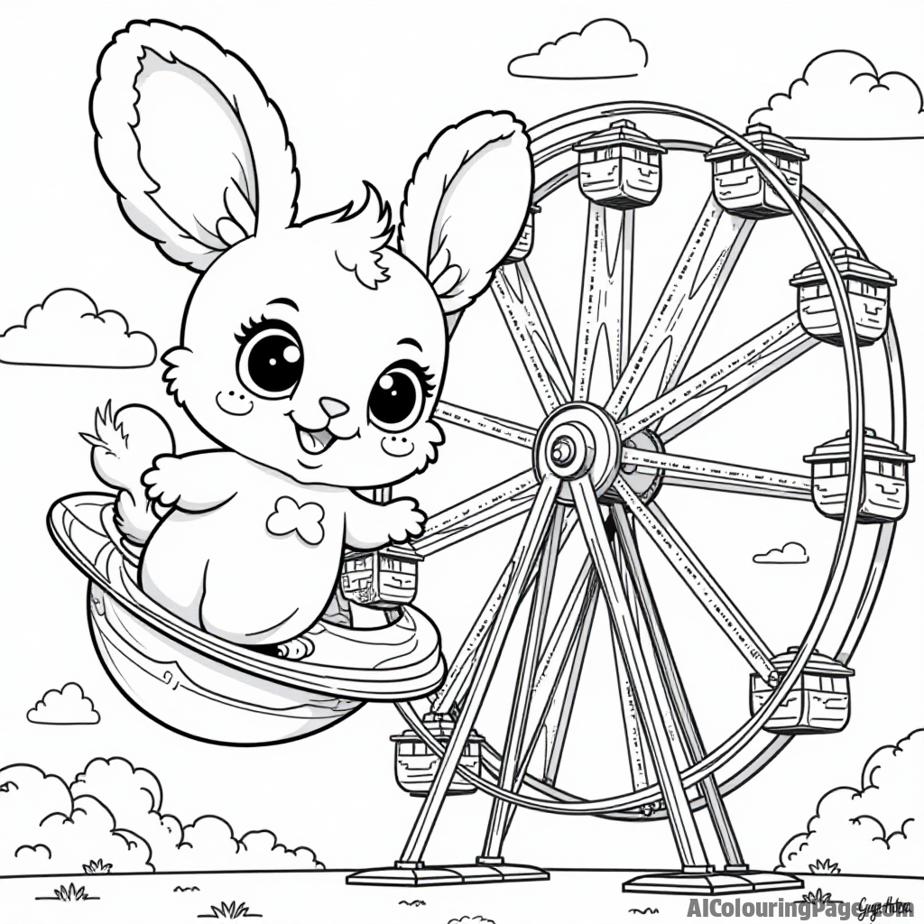 A Hatchimal having fun at a carnival, riding a Ferris wheel with cotton candy and games, creating an exciting scene for kids to bring their favorite colors to life in this Toys and Games Coloring Pages theme.