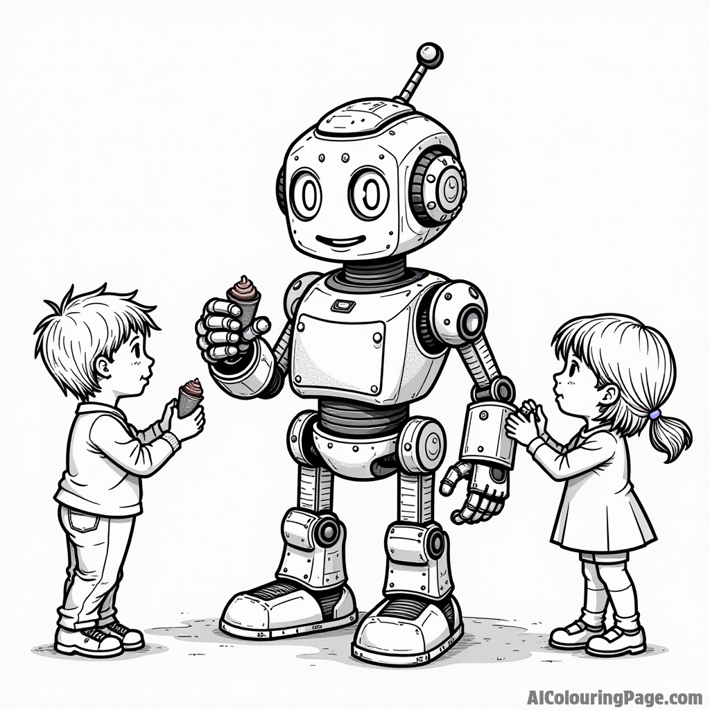 A chocolate robot serving chocolate treats to curious children at a fun science fair.