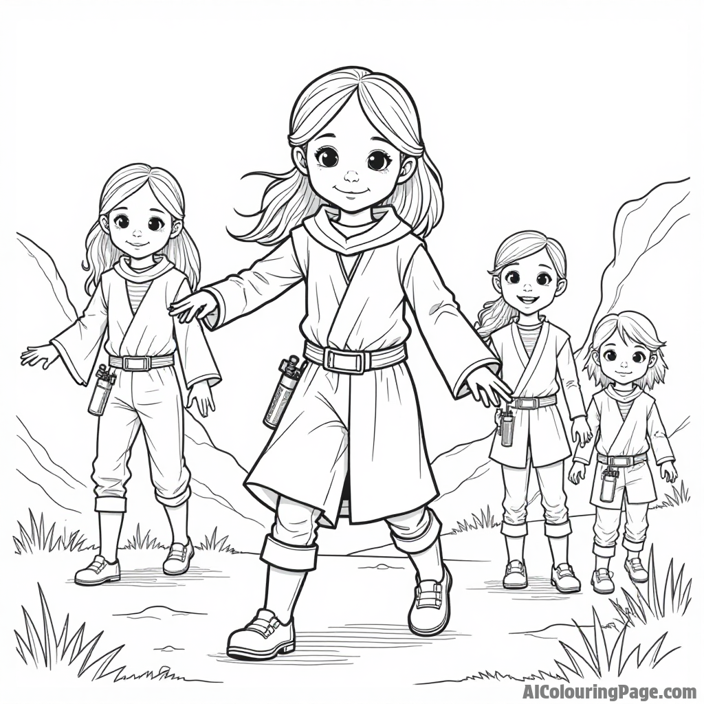 A brave girl leading a group of friends on an adventure, holding a map and wearing a homemade Jedi costume.