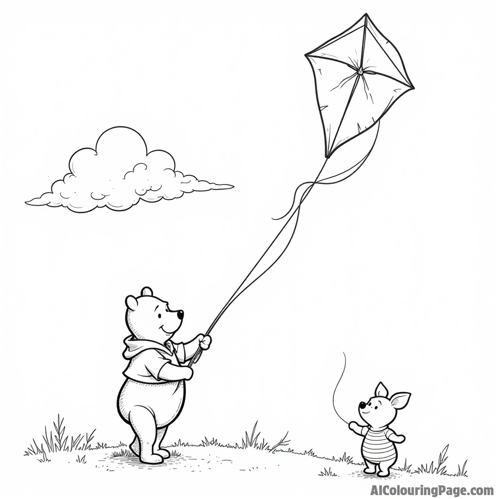 Christopher Robin flying a kite with Pooh and Piglet, under a bright blue sky with fluffy clouds above.