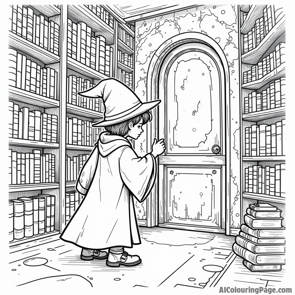 A young wizard discovering a hidden door in a library filled with ancient tomes and magical artifacts.