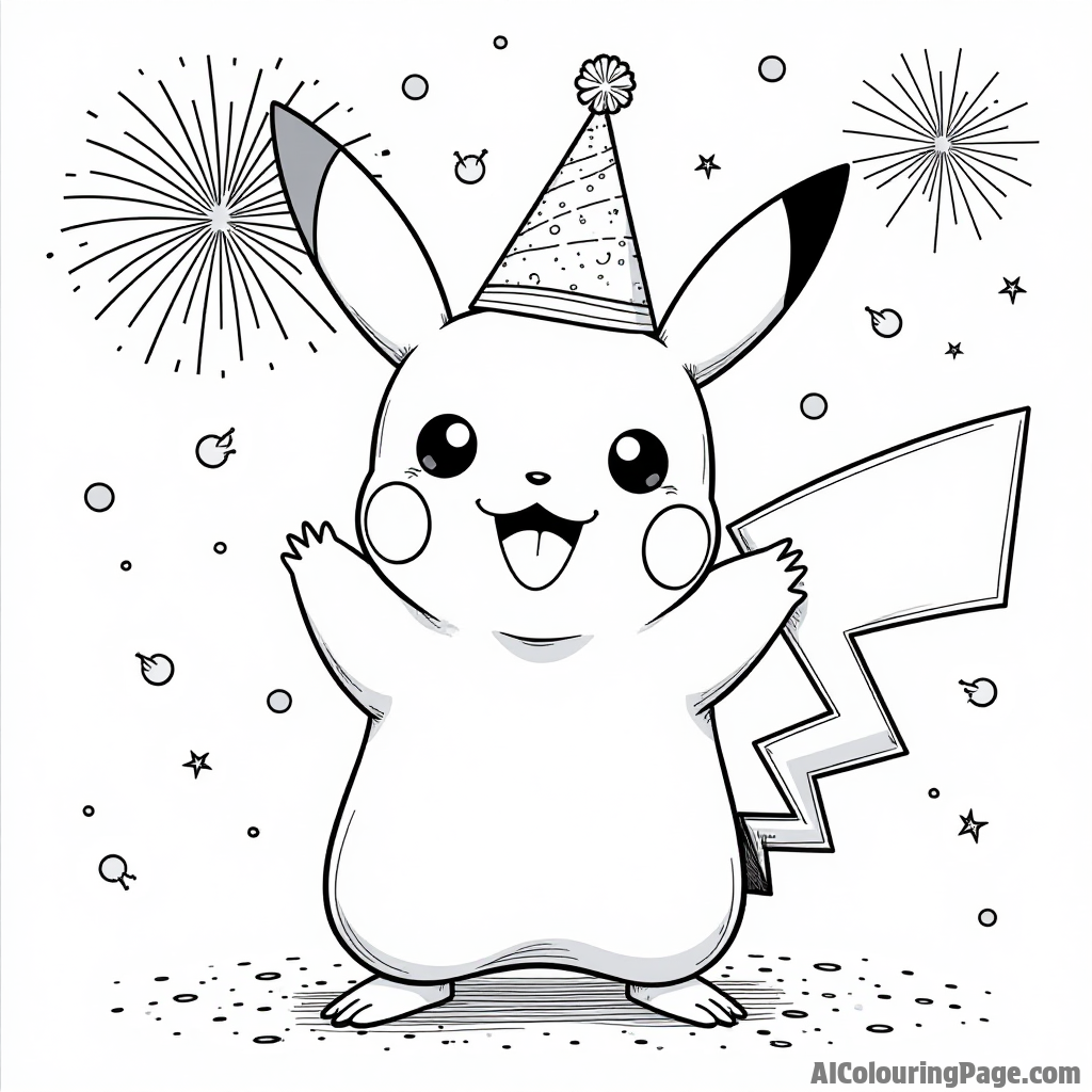 Pikachu celebrating the New Year with fireworks, confetti, and party hats