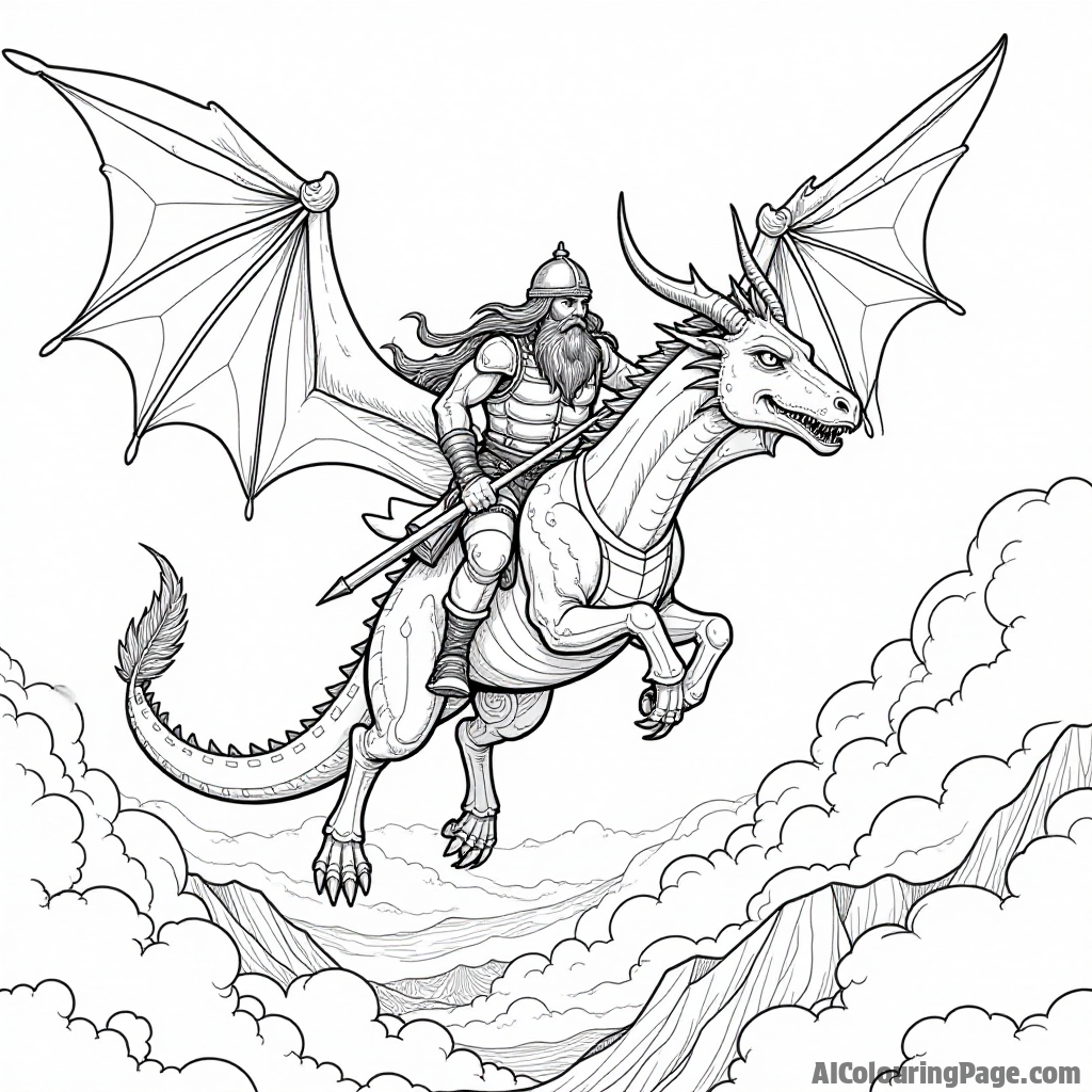 A Viking warrior and his dragon companion soaring through the sky, with clouds and distant mountains, combining adventure and mythology for an exciting coloring experience.