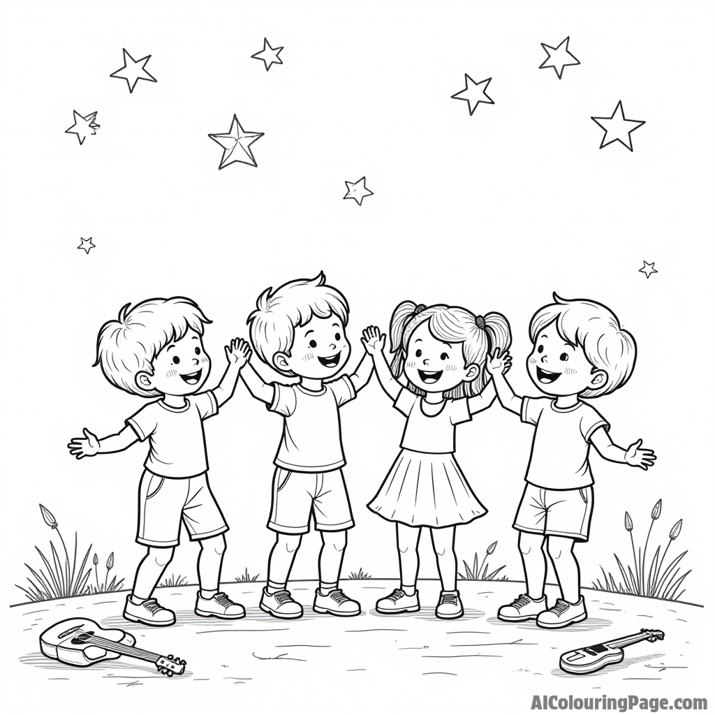 A playful scene of children dancing together under the stars with musical instruments scattered around on the ground