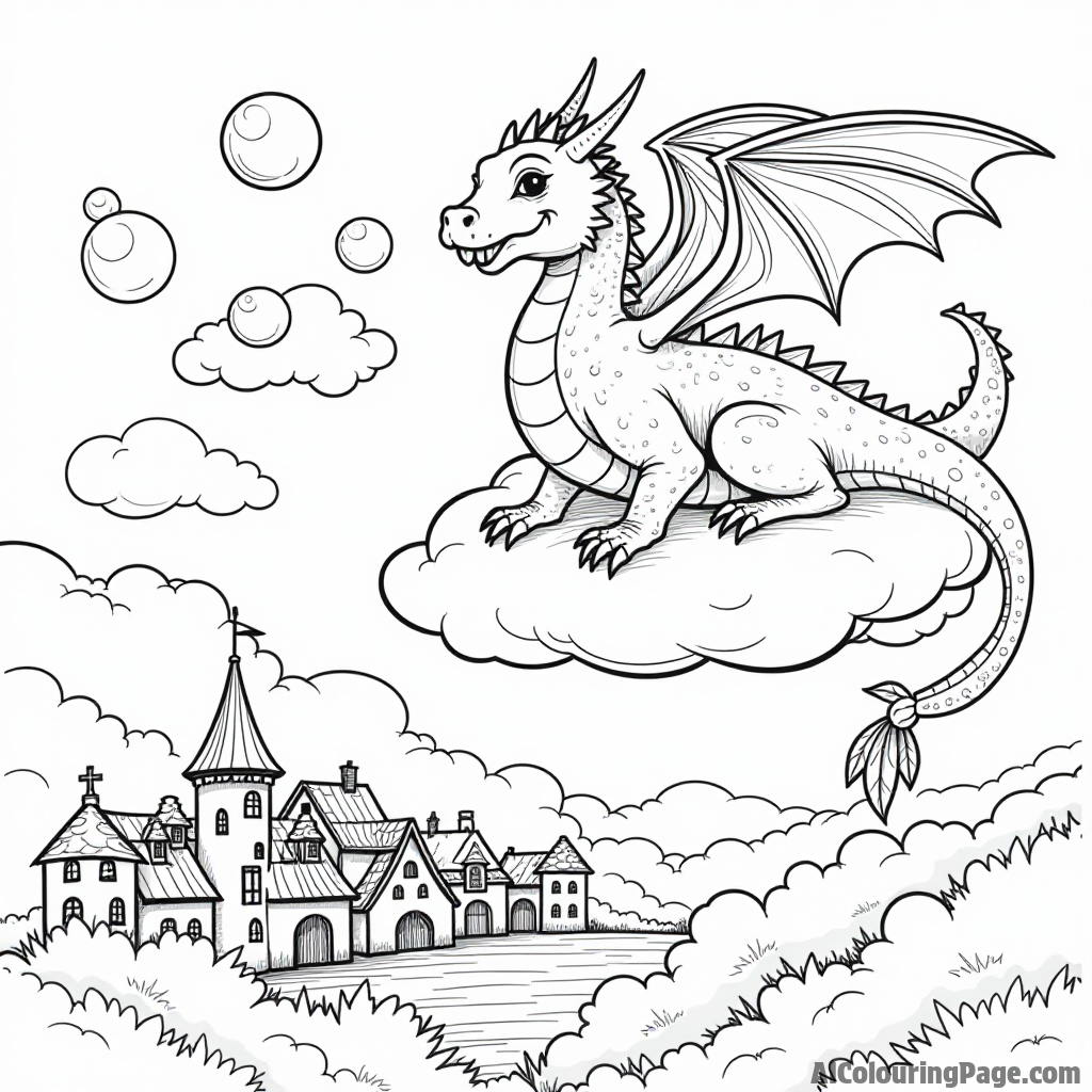 A dragon sitting on a cloud, blowing bubbles that float down to a happy village below.